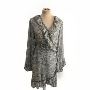 Anthropology Ranna Gill Flora Leopard-Print Ruffled-Wrap Dress Sheer Statement M
